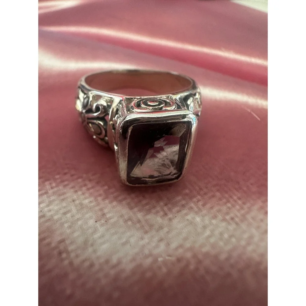 VTG 925 Sterling Silver Amethyst Ring Womens‎ Cushion Bezel Filigree Bali Style